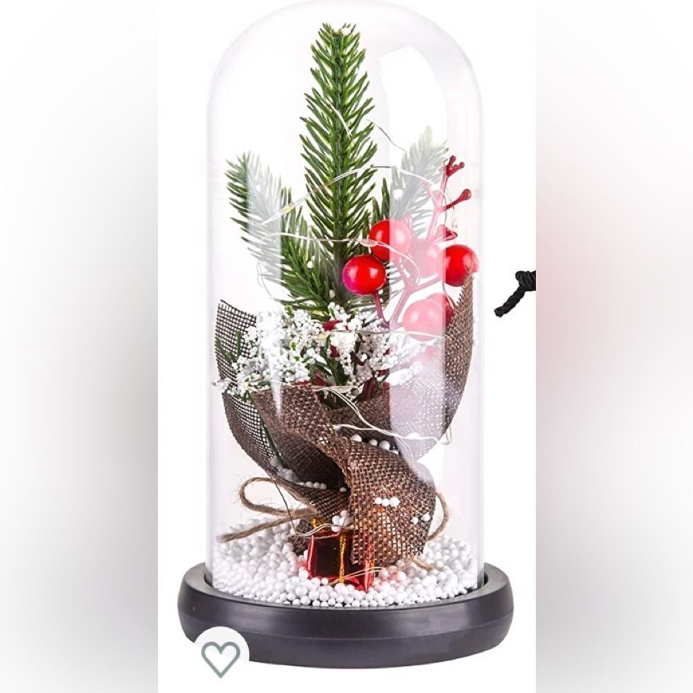 Christmas tree in glass dome. Appx 9” tall.  Uses 3-AAA batteries not included